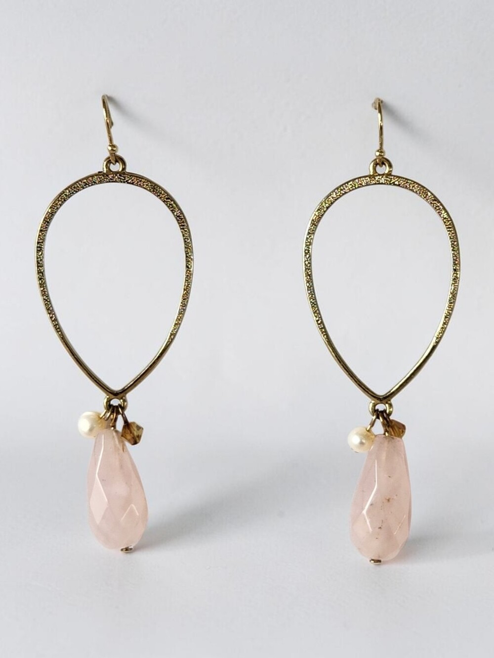 Goldtone Teardrop Earrings with Pink Faceted Acrylic Drops with Pearls Crystals